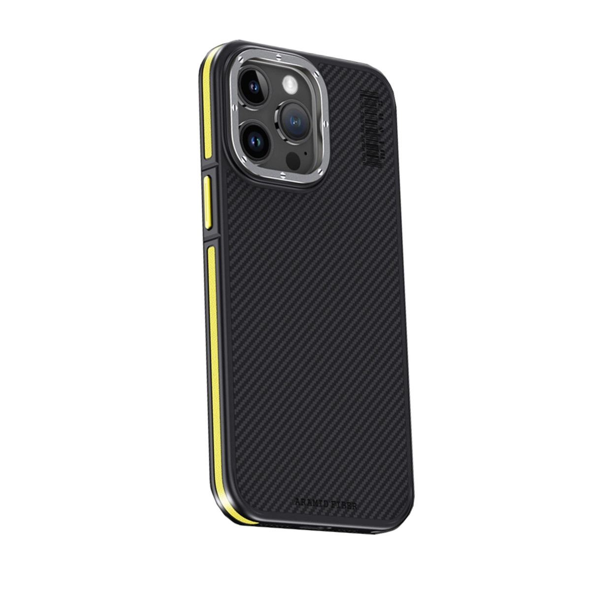 Joko Apple İphone 15 Pro Max Kılıf Aramid 600d Kevlar Karbon Fiber Magsafe Kapak - Sarı