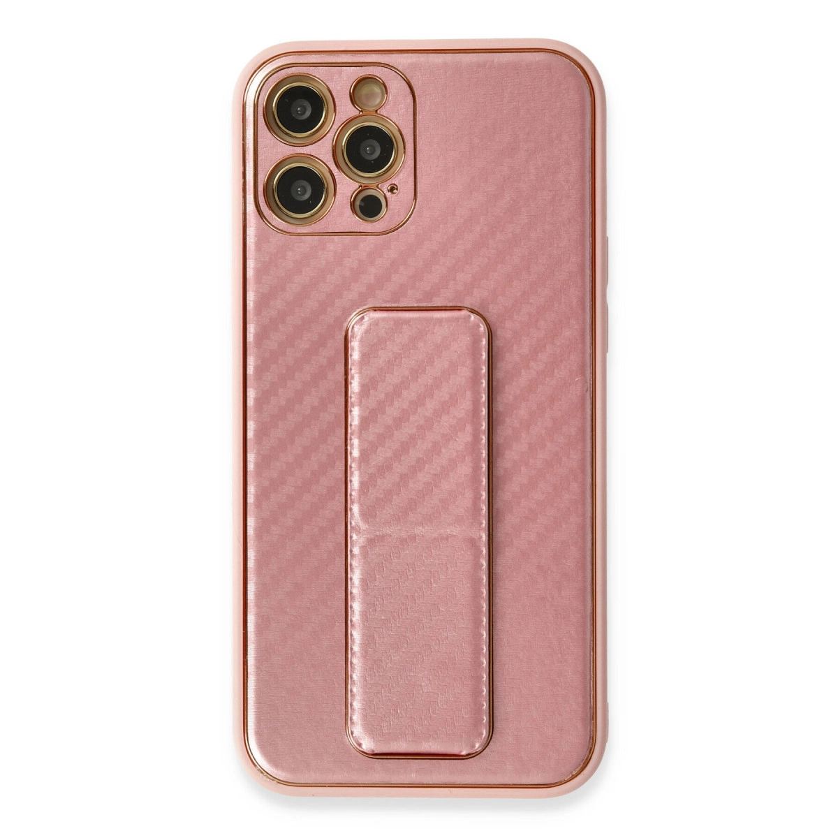 Apple İphone 12 Pro Kılıf Coco Karbon Standlı Kapak - Pembe