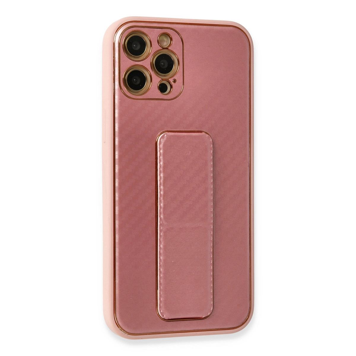 Apple İphone 12 Pro Kılıf Coco Karbon Standlı Kapak - Pembe