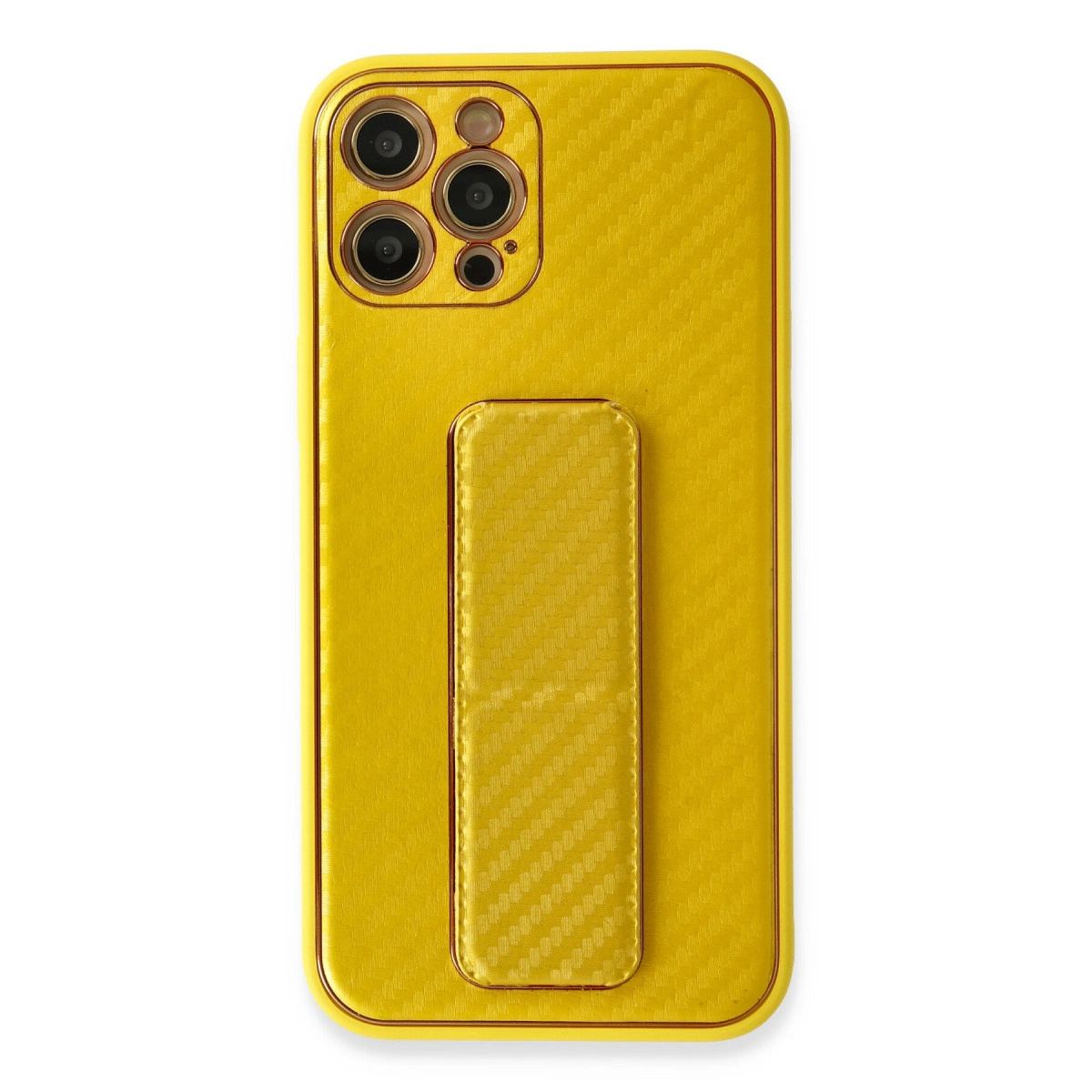 Apple İphone 12 Pro Max Kılıf Coco Karbon Standlı Kapak - Sarı