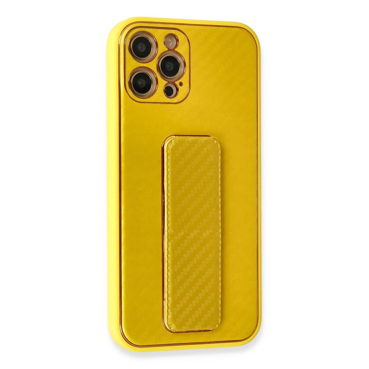 Apple İphone 12 Pro Max Kılıf Coco Karbon Standlı Kapak - Sarı