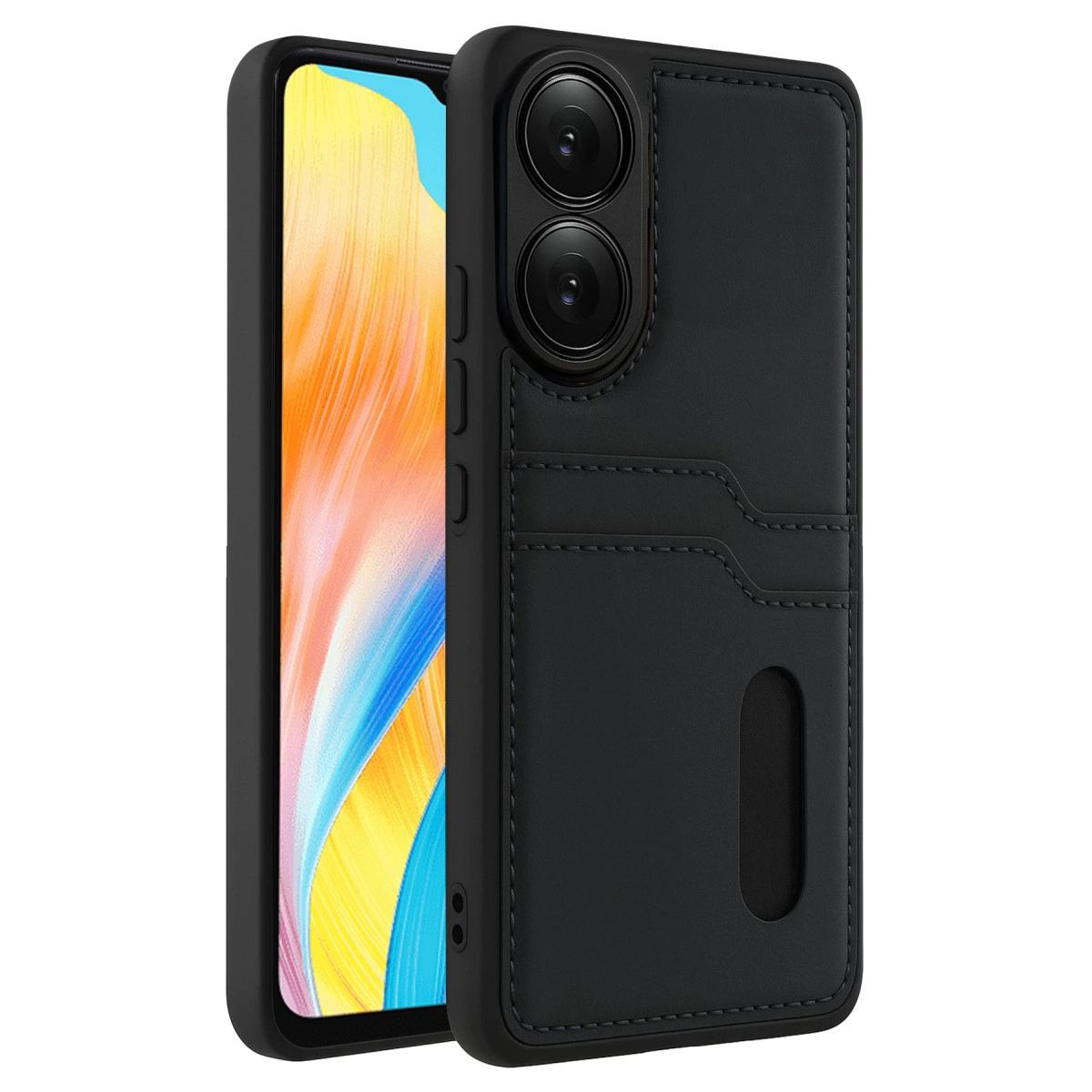 Oppo A38 Sara Kartvizitli Deri Kılıf - Siyah