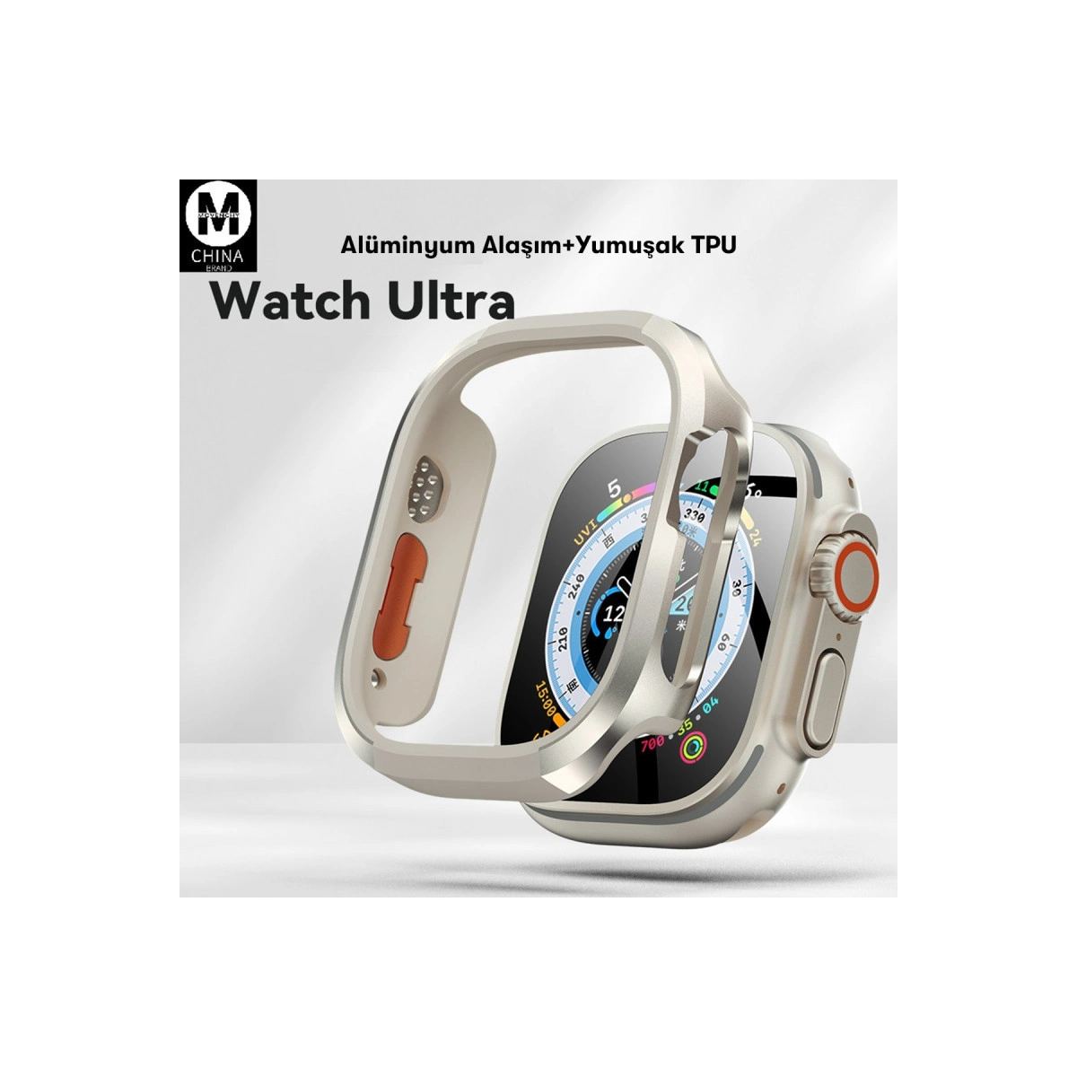 Apple Watch Ultra 49mm Mo-wt3 Alüminyum Camlı Kasa Ekran Koruyucu - Gold